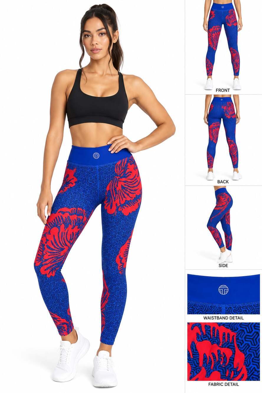 Tory Burch Sport Blue and Red Floral Geometric Leggings